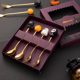 Kids' Halloween Spoon & Fork Set (Gold/Silver) , 4-Piece Set with Gift Box – Perfect for Halloween Party Favors, Photo Props & Holiday Gifts