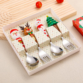 4Pcs Christmas Spoon Fork Set Creative Xmas Tree Santa Snowman Elk Stainless Steel Tableware for Tea Soup Coffee Stirring Spoons Fruit Salad Steak Forks Festive Gift  Christmas Gift