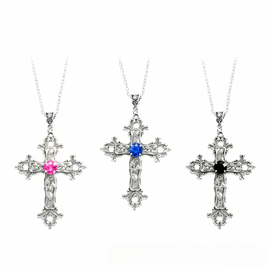 Heritage Cross Necklace Set 3 Pcs Gothic Collarbone Chain Unisex Church Pendant Choker Crucifix with Pink Blue Black Stones Perfect Gift for Holiday Birthday