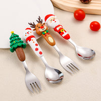 4Pcs Christmas Spoon Fork Set Creative Xmas Tree Santa Snowman Elk Stainless Steel Tableware for Tea Soup Coffee Stirring Spoons Fruit Salad Steak Forks Festive Gift  Christmas Gift