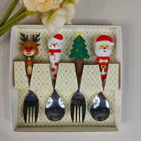 4Pcs Christmas Spoon Fork Set Creative Xmas Tree Santa Snowman Elk Stainless Steel Tableware for Tea Soup Coffee Stirring Spoons Fruit Salad Steak Forks Festive Gift  Christmas Gift