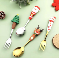 4Pcs Christmas Spoon Fork Set Creative Xmas Tree Santa Snowman Elk Stainless Steel Tableware for Tea Soup Coffee Stirring Spoons Fruit Salad Steak Forks Festive Gift  Christmas Gift