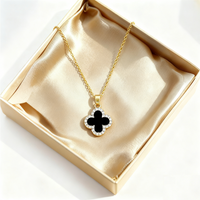 Women's 4-Leaf Clover Black White Onyx Necklace, Adjustable Hypoallergenic Chain, Minimalist Luxury Jewelry Gift